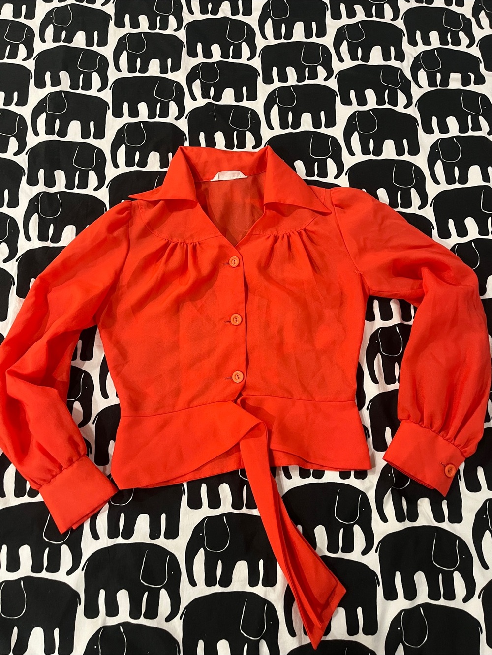 70’s Vintage Orange Button Down Tie Front Blouse Long Sleeve Collared Top